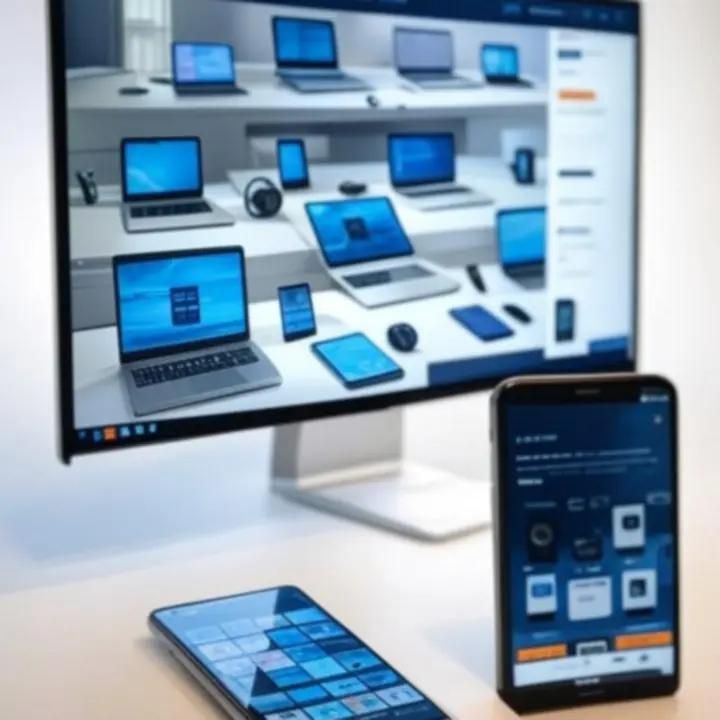 Collage of modern electronics including a smartphone, laptop, headphones, smartwatch and smart home device